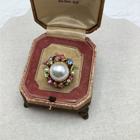 Vintage ART Signed Pearl and Gemstone Enamel Floral Ring - Picture 2 of 3